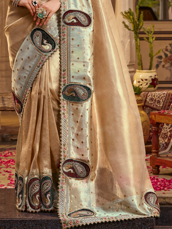 Champagne Gold Embroidered Designer Tissue Silk Saree