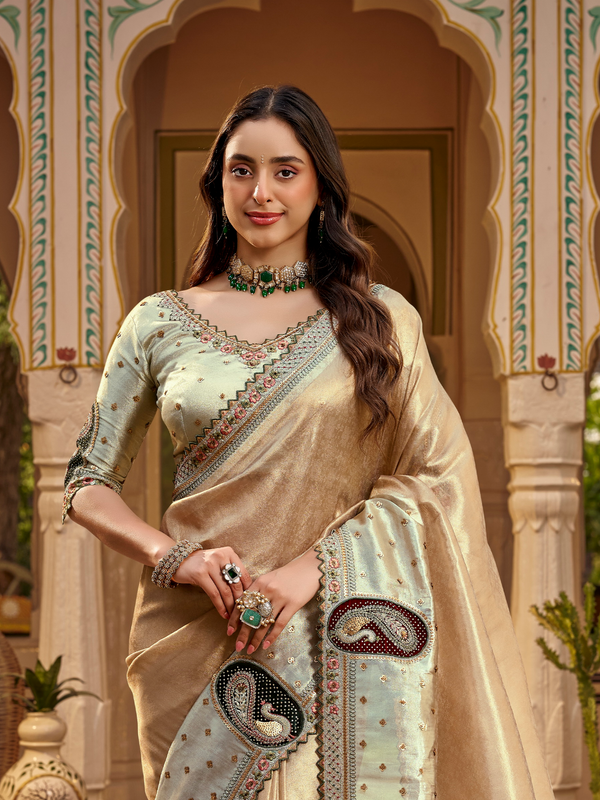 Champagne Gold Embroidered Designer Tissue Silk Saree