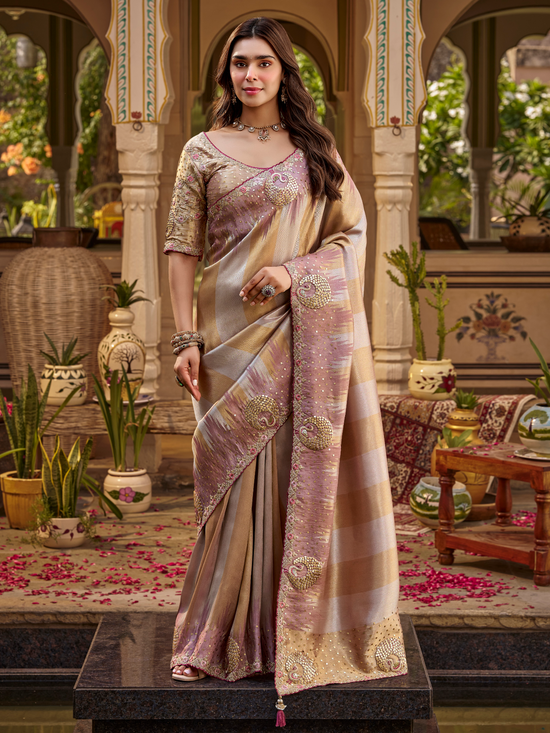 Mauve Pink Embroidered Designer Tissue Silk Saree