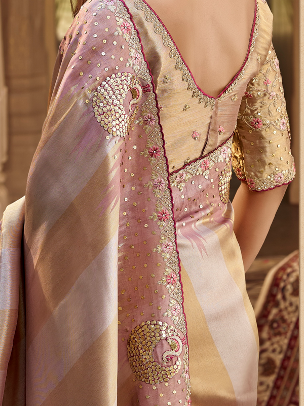 Mauve Pink Embroidered Designer Tissue Silk Saree