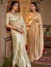 Ivory Cream Embroidered Designer Tissue Silk Saree