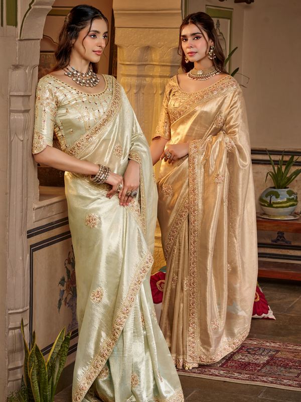 Ivory Cream Embroidered Designer Tissue Silk Saree