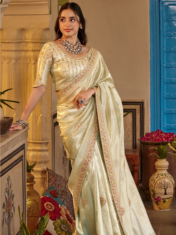 Ivory Cream Embroidered Designer Tissue Silk Saree