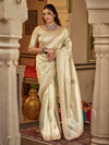Ivory Cream Embroidered Designer Tissue Silk Saree