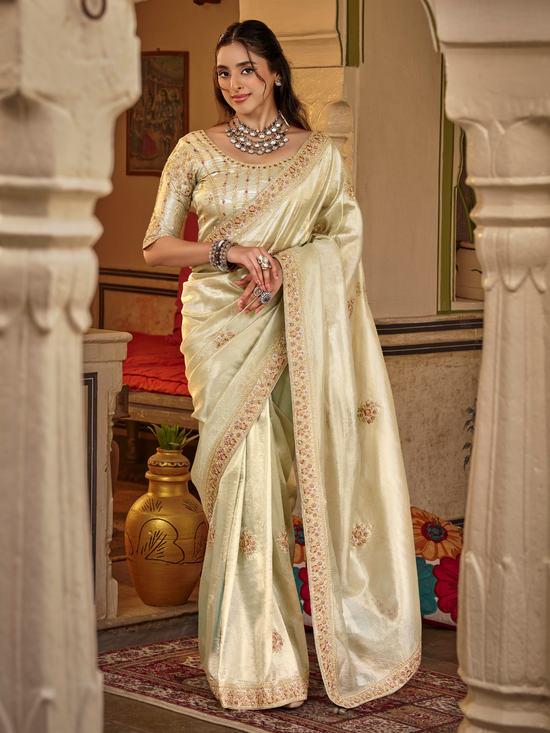 Ivory Cream Embroidered Designer Tissue Silk Saree