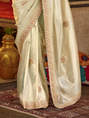 Ivory Cream Embroidered Designer Tissue Silk Saree