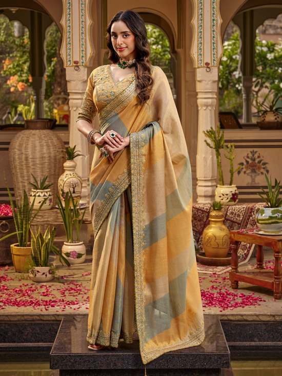 Mustard Gold Embroidered Designer Tissue Silk Saree