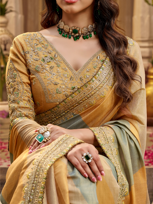 Mustard Gold Embroidered Designer Tissue Silk Saree