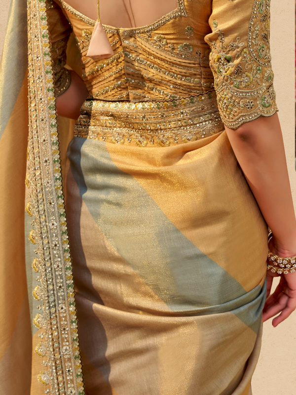 Mustard Gold Embroidered Designer Tissue Silk Saree