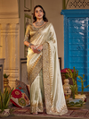 Ivory White Embroidered Designer Tissue Silk Saree