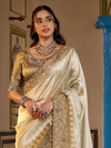 Ivory White Embroidered Designer Tissue Silk Saree