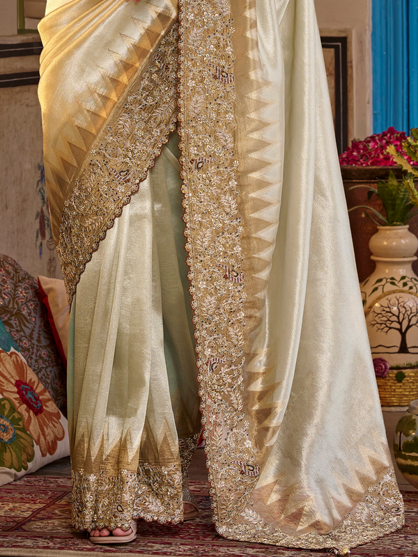 Ivory White Embroidered Designer Tissue Silk Saree