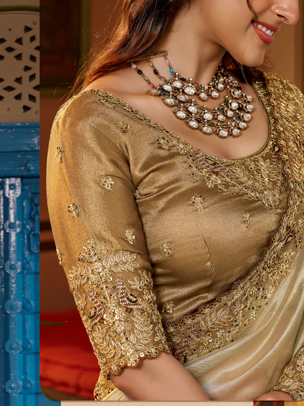 Ivory White Embroidered Designer Tissue Silk Saree