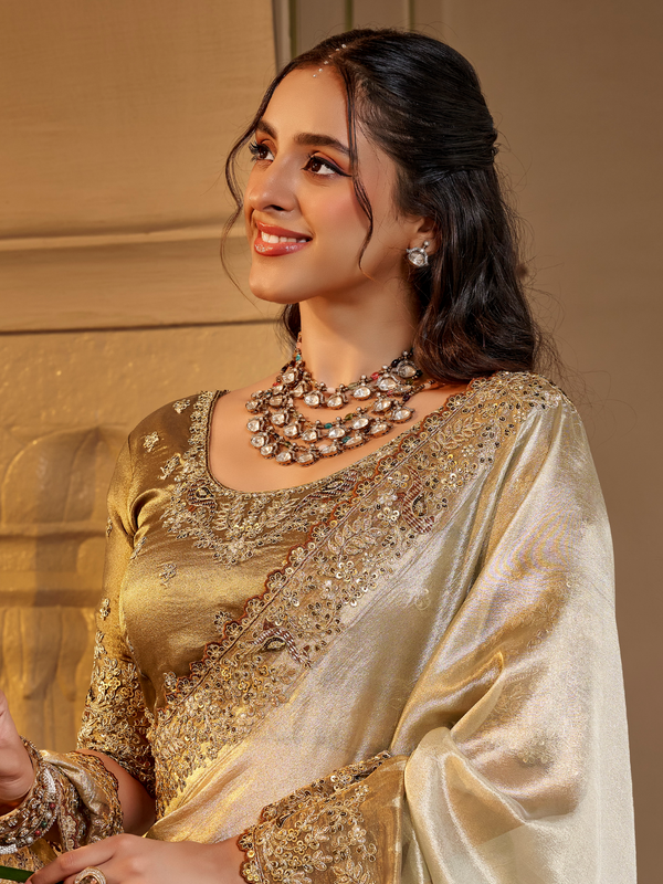 Ivory White Embroidered Designer Tissue Silk Saree
