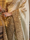 Ivory White Embroidered Designer Tissue Silk Saree