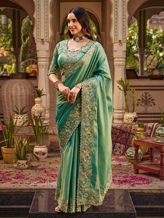 Sea Green Embroidered Designer Tissue Silk Saree