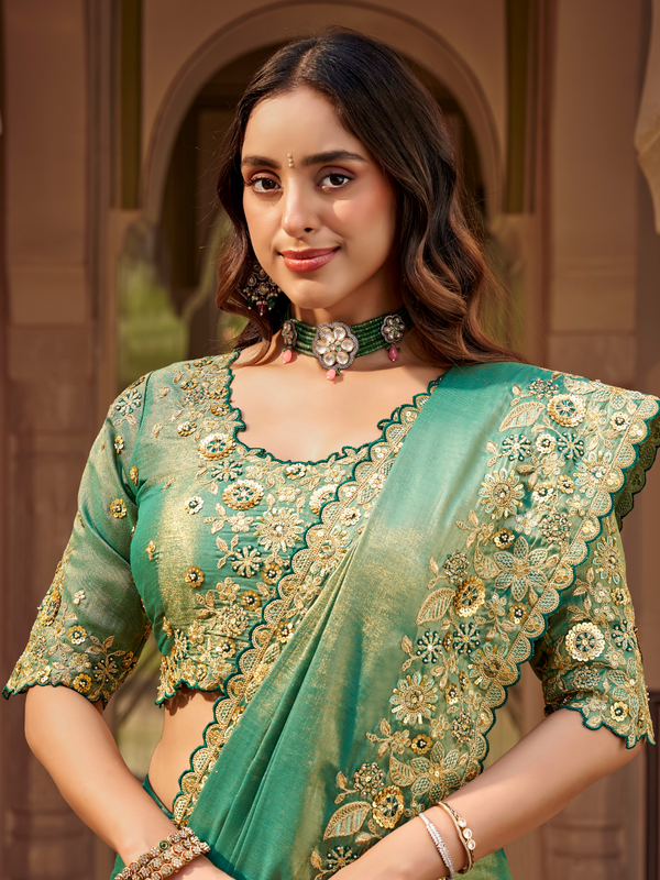 Sea Green Embroidered Designer Tissue Silk Saree