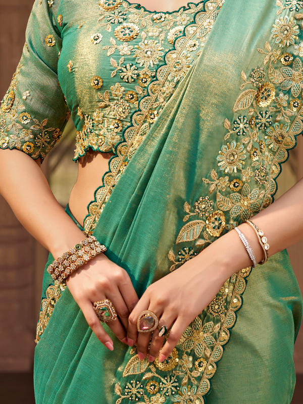 Sea Green Embroidered Designer Tissue Silk Saree