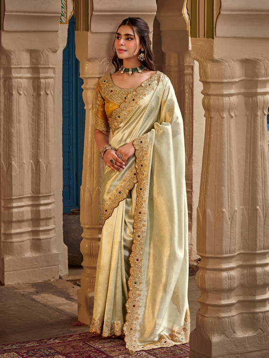 Ivory Cream Embroidered Designer Tissue Silk Saree