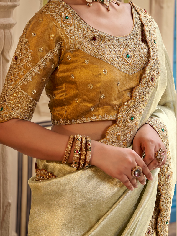 Ivory Cream Embroidered Designer Tissue Silk Saree