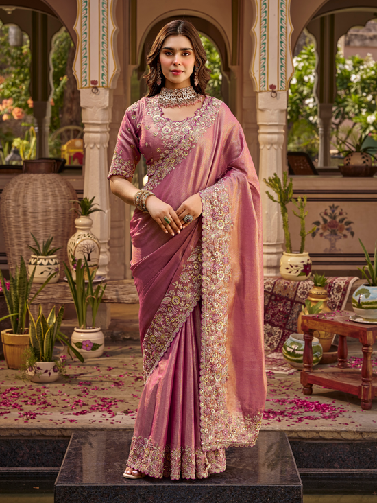 Dusty Rose Pink Embroidered Designer Tissue Silk Saree