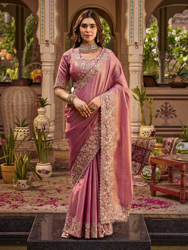 Dusty Rose Pink Embroidered Designer Tissue Silk Saree