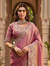 Dusty Rose Pink Embroidered Designer Tissue Silk Saree