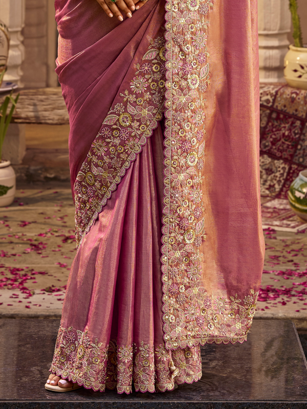 Dusty Rose Pink Embroidered Designer Tissue Silk Saree