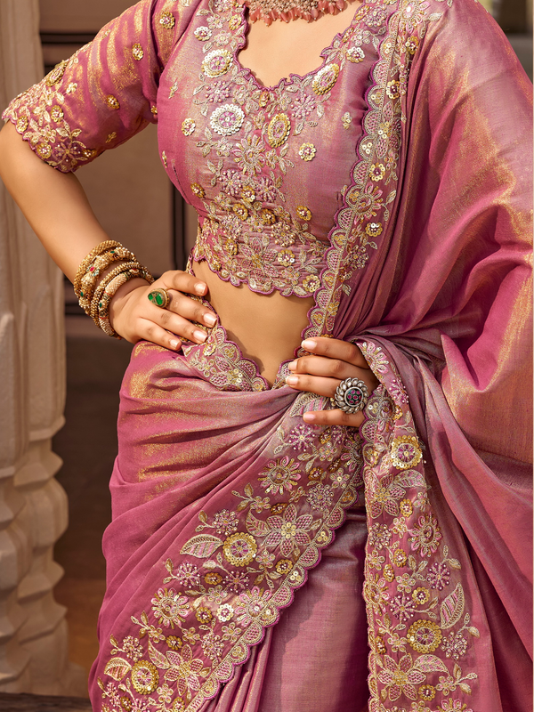 Dusty Rose Pink Embroidered Designer Tissue Silk Saree
