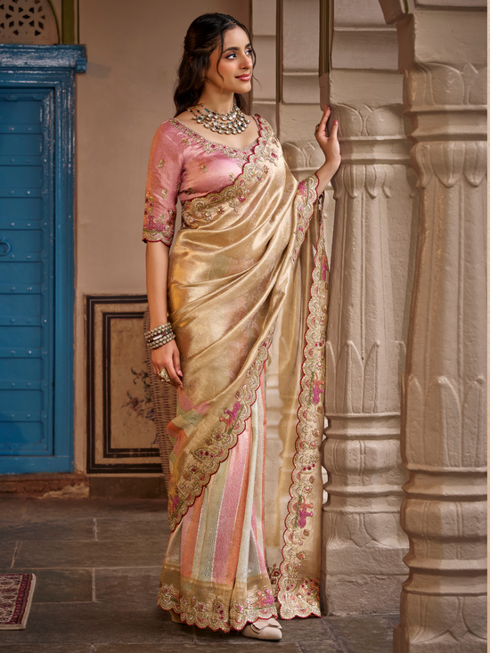 Champagne Gold Embroidered Designer Tissue Silk Saree