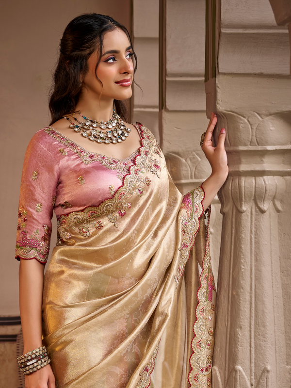 Champagne Gold Embroidered Designer Tissue Silk Saree