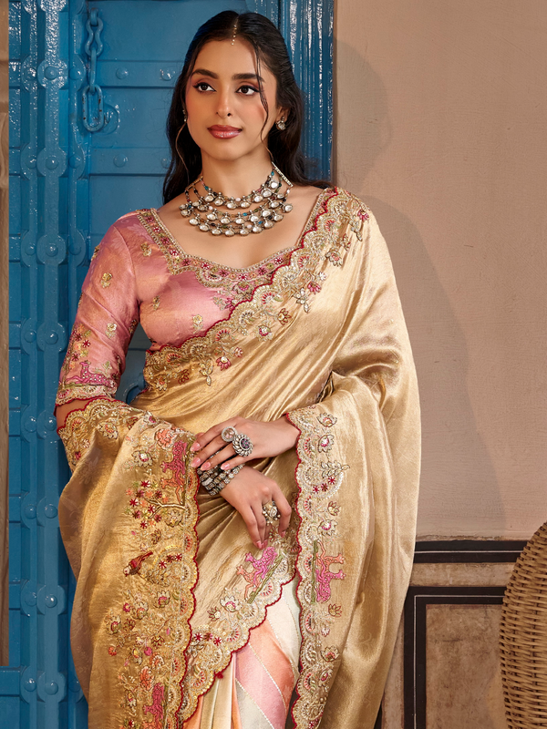 Champagne Gold Embroidered Designer Tissue Silk Saree