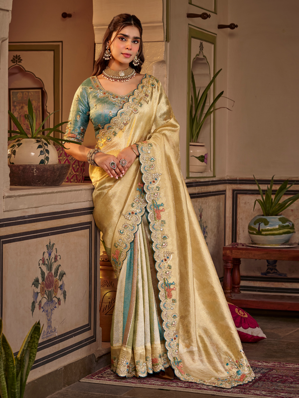 Light Gold Embroidered Designer Tissue Silk Saree