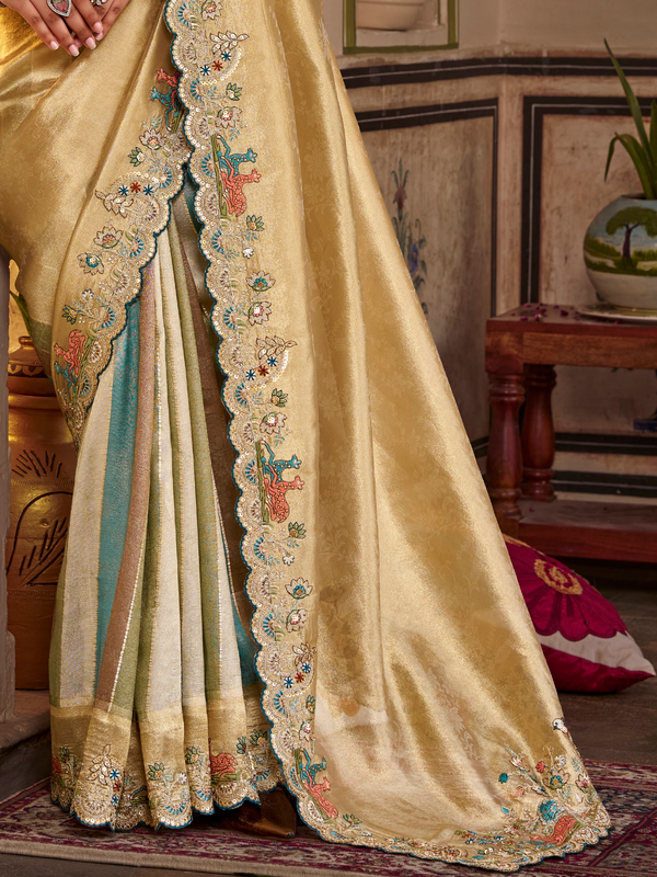 Light Gold Embroidered Designer Tissue Silk Saree
