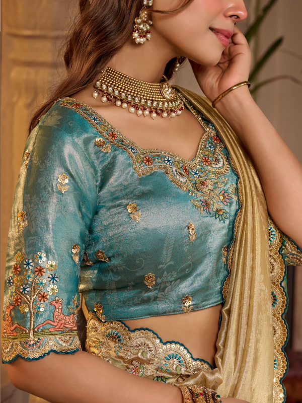 Light Gold Embroidered Designer Tissue Silk Saree