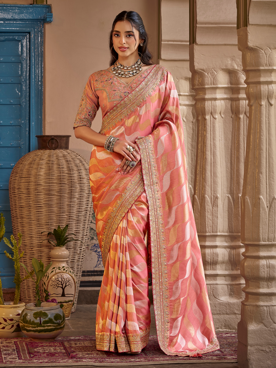 Peach Orange Embroidered Designer Tissue Silk Saree