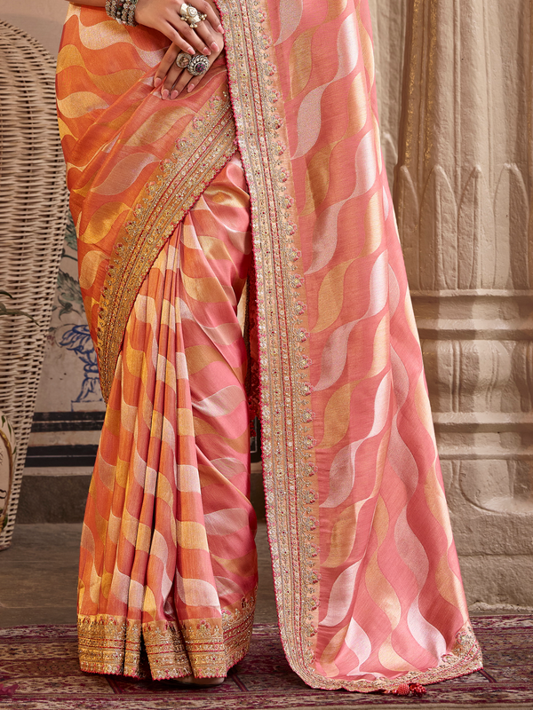 Peach Orange Embroidered Designer Tissue Silk Saree