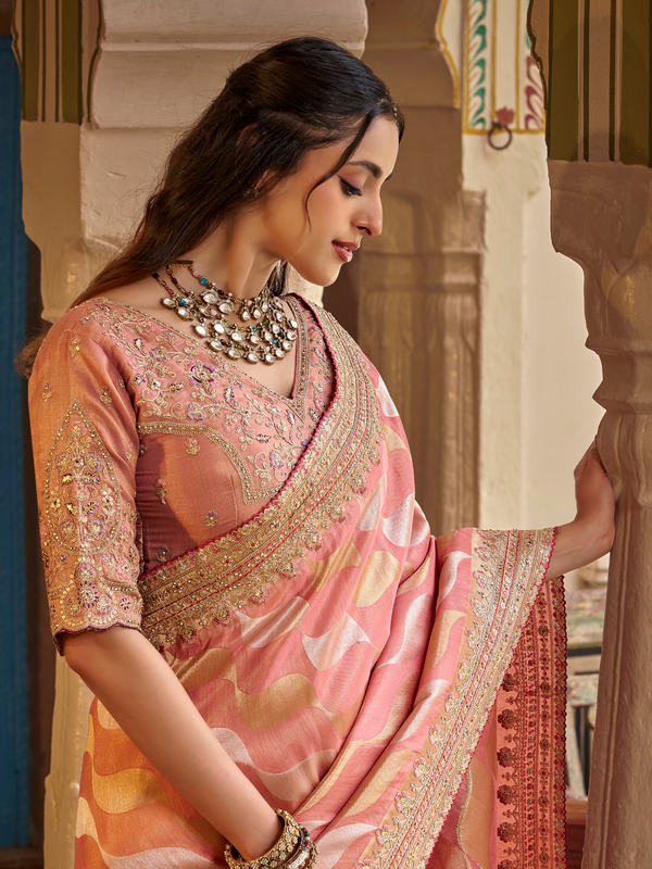 Peach Orange Embroidered Designer Tissue Silk Saree