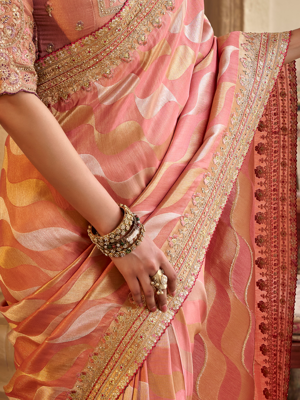 Peach Orange Embroidered Designer Tissue Silk Saree