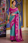 Sky Blue and Magenta Pink Banarasi Soft Silk Saree