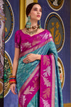 Sky Blue and Magenta Pink Banarasi Soft Silk Saree