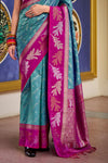 Sky Blue and Magenta Pink Banarasi Soft Silk Saree