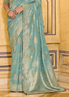 Sky Blue Banarasi Crepe Silk Saree with Dark Green Contrast Blouse
