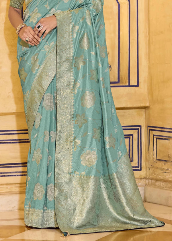 Sky Blue Banarasi Crepe Silk Saree with Dark Green Contrast Blouse