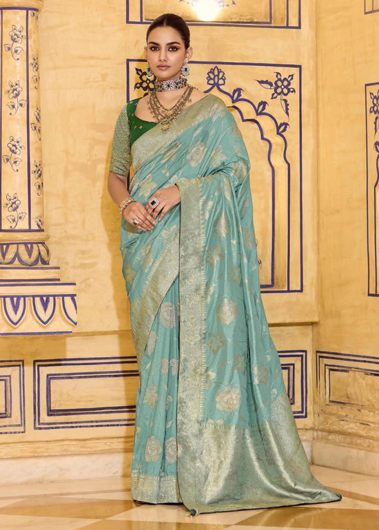 Sky Blue Banarasi Crepe Silk Saree with Dark Green Contrast Blouse