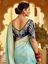 Sky Blue Banarasi Silk Saree With Contrast Blouse