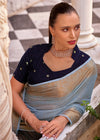 Sky Blue Linen Silk Saree with Velvet Blouse