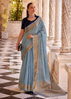 Sky Blue Linen Silk Saree with Velvet Blouse