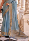 Sky Blue Linen Silk Saree with Velvet Blouse