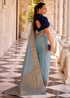 Sky Blue Linen Silk Saree with Velvet Blouse